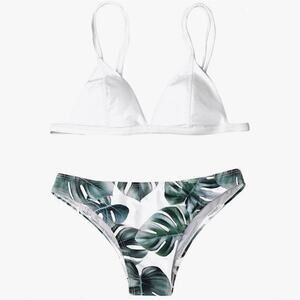 Zaful White Palm Leaf Triangle Bikini Small